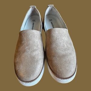 Johnston & Murphy "Callie" Slip-On Sneakers in gold metallic kid suede